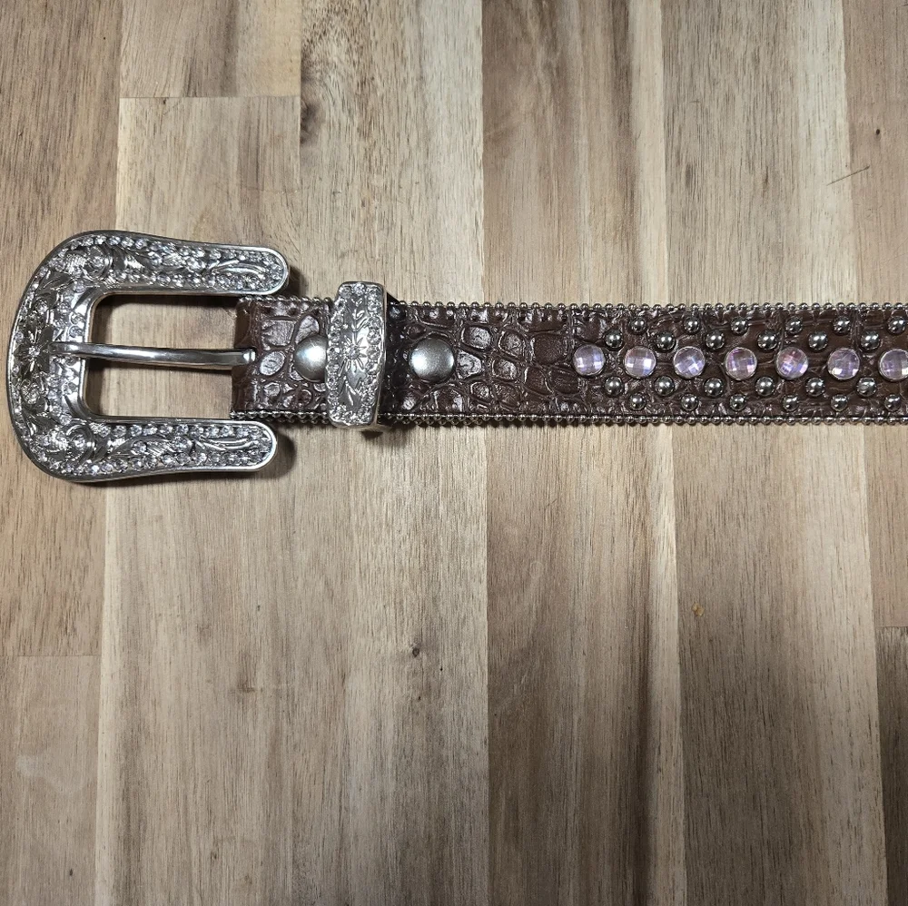 Nocona Girls Brown Leather Belt with Pink Heart Rhinestones Accents